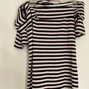 over the shoulder top 
Red black and white stripe